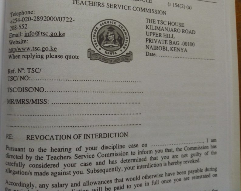 TSC REVOCATION OF INTERDICTION