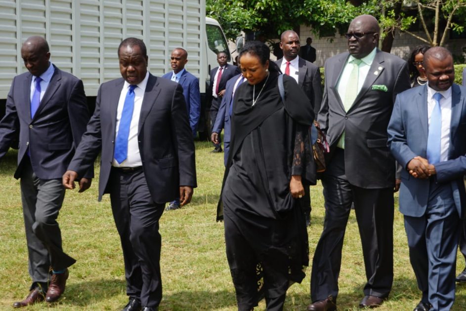 Interior CS Matiang'i (Left), Education CS Amina (Centre) and KNEC Chair, Magoha (Right) walking to a past meeting on exams preparations. KNEC has announced a decision to cancel results for 3,427 candidates who sat the 2018 KCSE examinations.