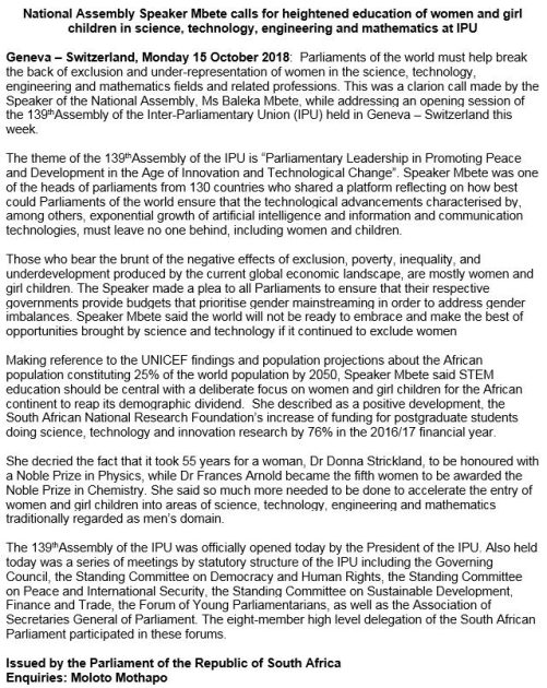 Heightened Education of Women and Girl Children in Science, Technology, Engineering and Mathematics at IPU , South Africa, Republic of South Africa, RSA