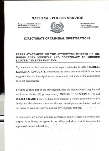 Statement by the DCI on the attempted murder of Lawyer Charles Kanjama