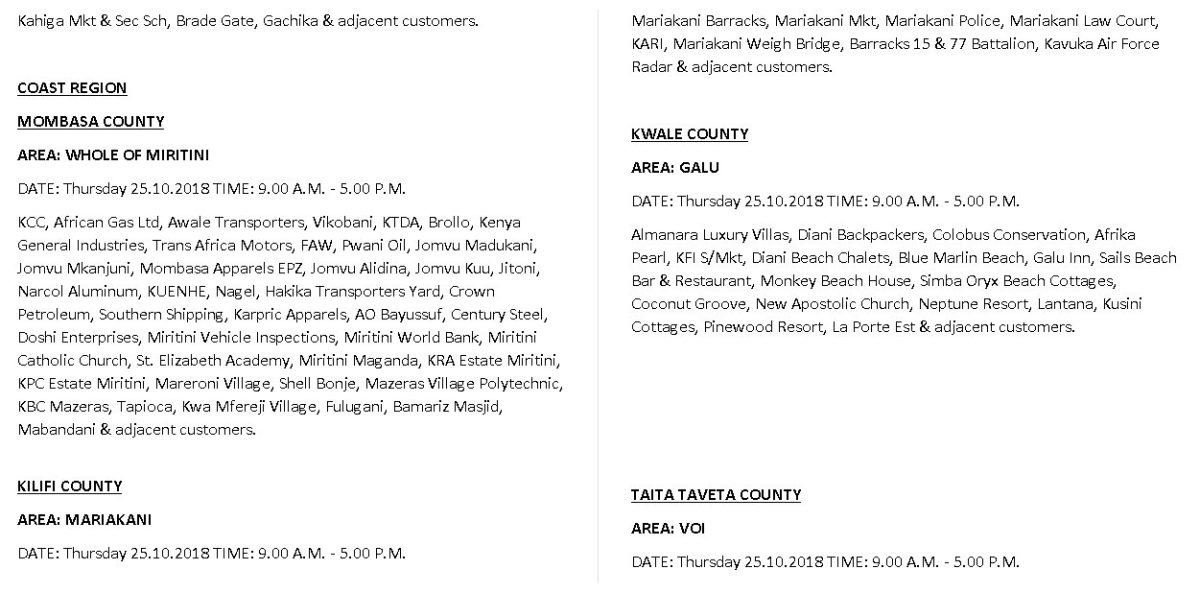 KPLC- Scheduled Power Outage for Thursday, 25.10.2018