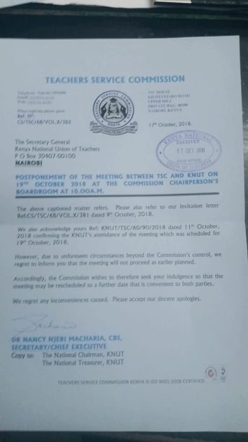 TSC Cancels tomorrow’s meeting with KNUT