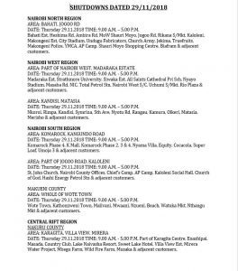 Kenya power' scheduled power interruption for 29th November 2018.