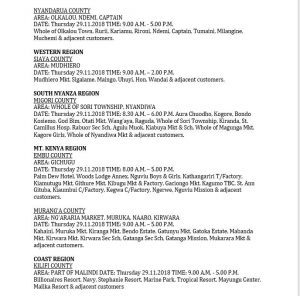 Kenya power' scheduled power interruption for 29th November 2018.
