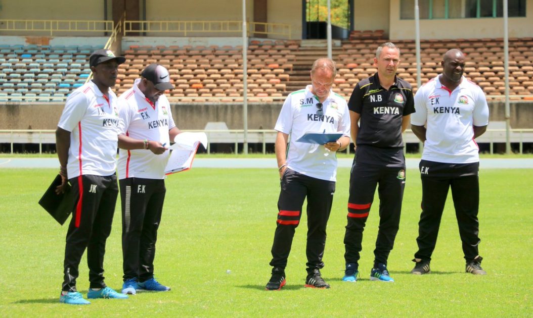 Kenya's Soccer Under 23 Technical Bench at Kasarani on Sunday