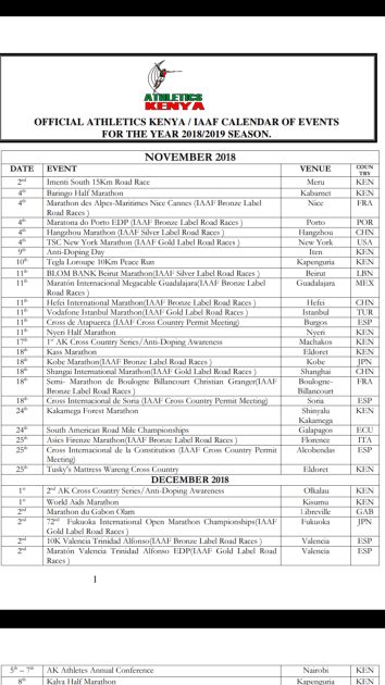 Athletics Kenya, AK, and IAAF Calendar of events for 2018/ 2019