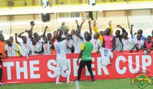 Kariobangi Sharks' players celebrate after winning the KPL super cup. Kariobangi defeated Gor mahia by a solitary goal to lift the trophy