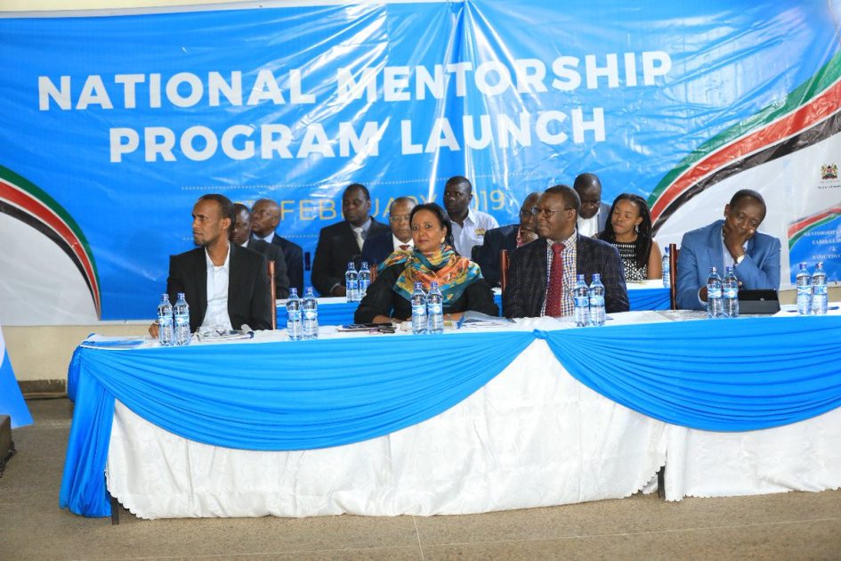 Education Cabinet Secretary, Dr Amina Mohammed; centre, at the launch of the National Mentorship program for all the young ones across the country. The launch occurred at Upper Hill School in Nairobi, today