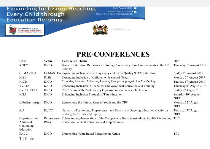 Schedule for Curriculum reforms conferences in Kenya, 2019