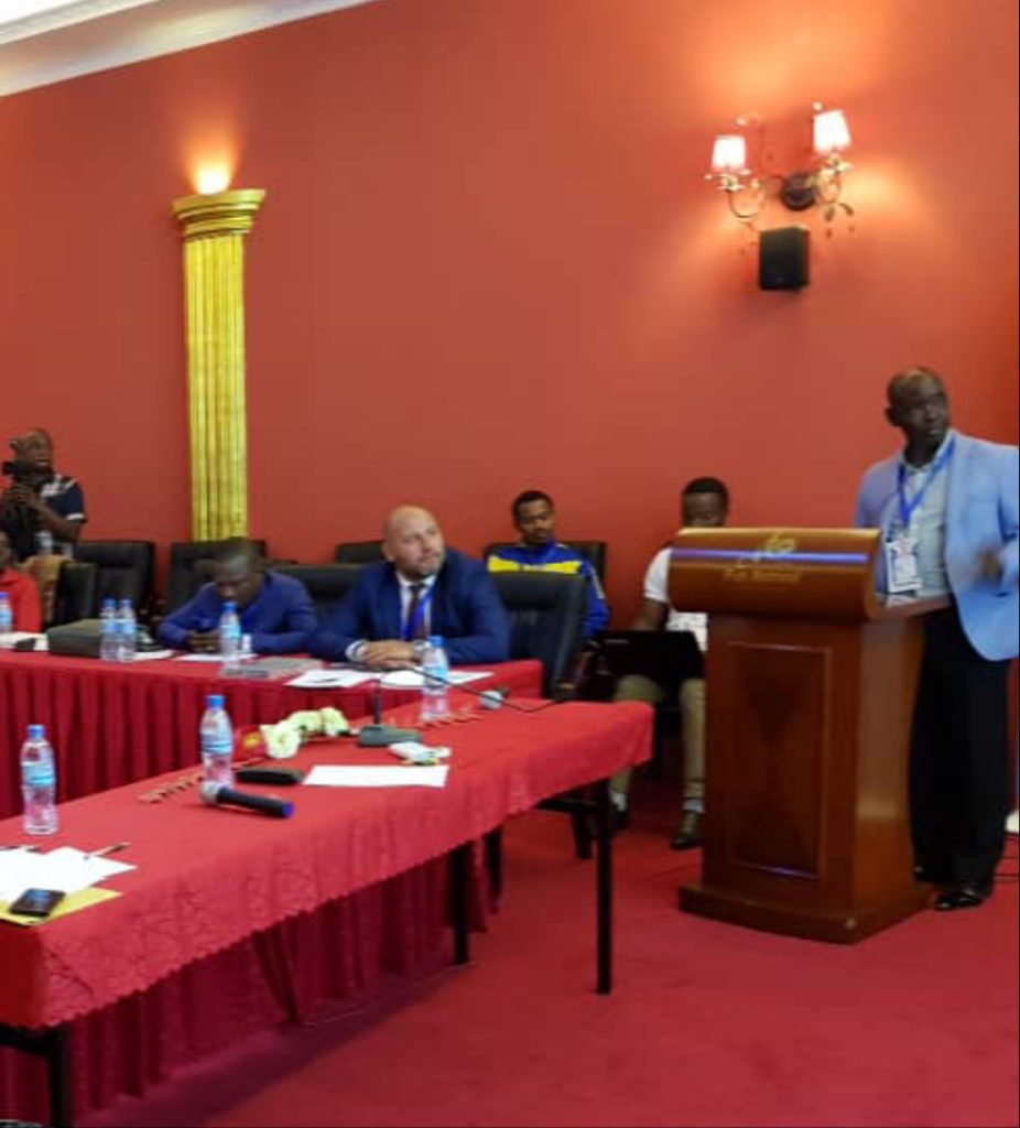 Mr Okanya Patrick President of USSSA(Uganda Secondary School sports Association) makes his presentation at a Symposium on School Sports in Arusha, Tanzania. The Symposium was held on 20th August, 2019 on the sidelines of 18th Edition of FEASSSA Games. Mr Okanya is also the FEASSSA treasurer. Uganda emerged the overall winners at this year's FEASSSA games.