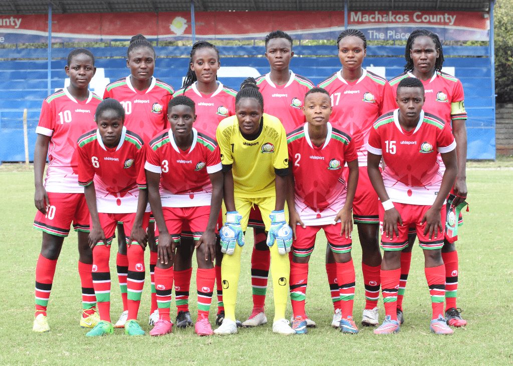 Harambee Starlets starting lineup in their Olympics Qualifier return match against Malawi at the Machakos Stadium. Photo/ File