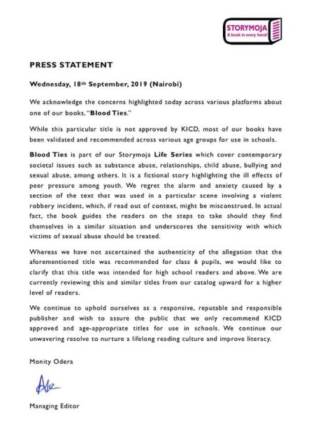 The Publisher of 'Blood Ties' admits that the book that has been circulating for the wrong reasons is not approved by KICD.