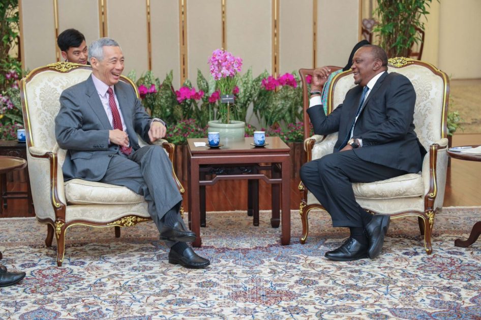 President Uhuru Kenyatta, Right, when he held bilateral talks with Singapore Prime Minister Lee Hsien Loong. The two leaders agreed to boost trade and cooperation between Kenya and the Asian nation.