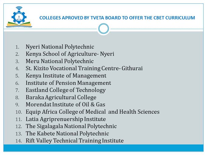 These are the TVET colleges that have been approved by the TVETA board to offer CBET programmes.