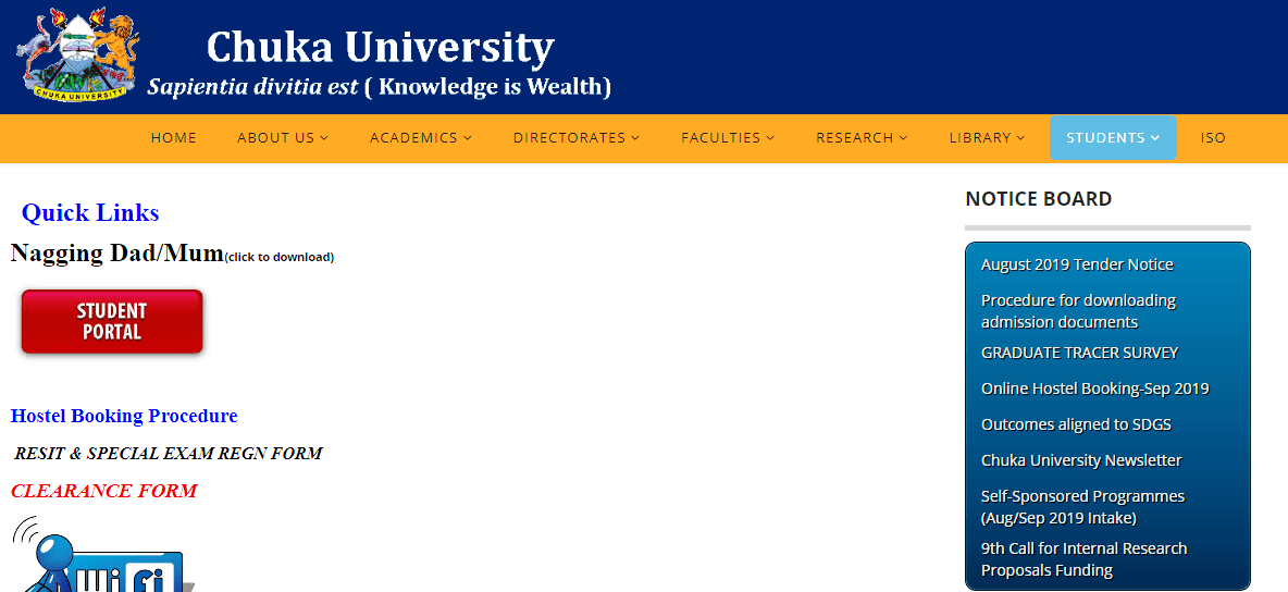 How to Log in to Chuka University Students Portal online, for Registration, E-Learning, Hostel Booking, Fees, Courses and Exam Results