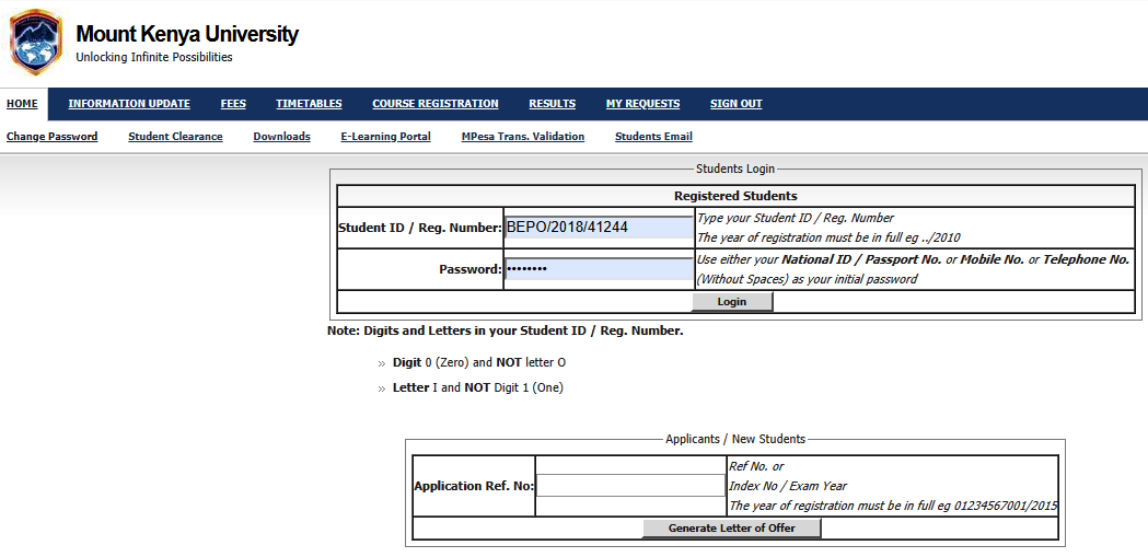 How to Log in to Mount Kenya University Students Portal, for Registration, E-Learning, Hostel Booking, Fees, Courses and Exam Results