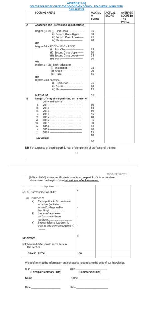 2019 TSC intern teachers recruitment; Marking scheme and scoresheet to be used during interviews