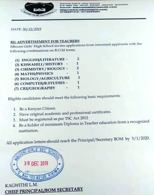 Available 2020 BOM teaching vacancies.