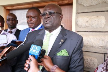 Education Cabinet Secretary Prof George Magoha on January 14, 2020, at Machokos Boys. He directed schools to admit all Form One students, including those who may have less fees than required in First Term in the spirit of the 100 per cent transition policy