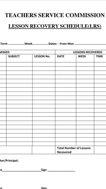 Lesson Recovery Schedule form for Teachers