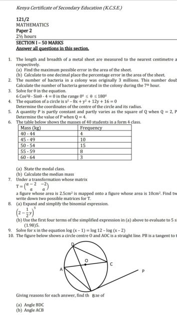 Free Mathematics notes, schemes, lesson plans, KCSE Past Papers, Termly Examinations, revision materials and marking schemes.