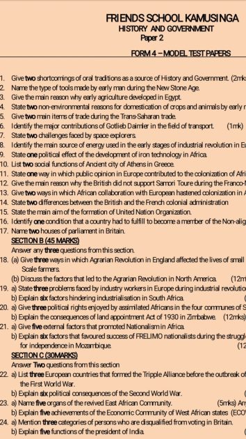 Free History & Government notes, schemes, lesson plans, KCSE Past Papers, Termly Examinations, revision materials and marking schemes.