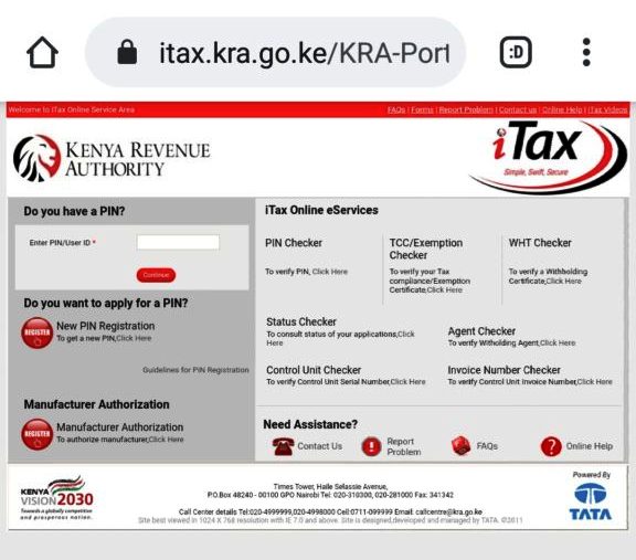 The KRA iTax window. Reset your forgotten KRA password by visiting this portal.