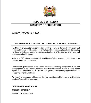 Press statement by Education Cabinet Secretary George Magoha on Community Based Learning.