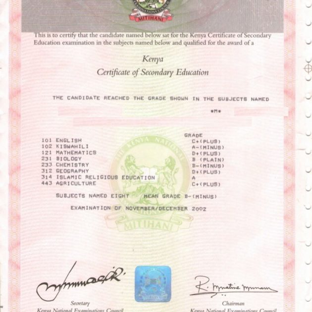 A KCSE Certificate.