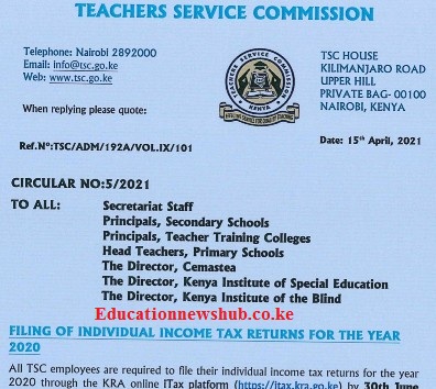 TSC circular to teachers on filing of KRA returns.