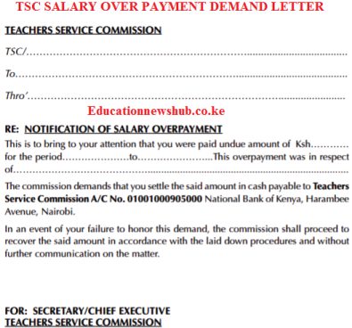 TSC salary over payment demand letter to a teach.