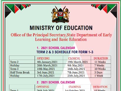 Ministry of education revised school calendar