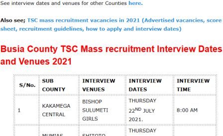 TSC mass recruitment interview dates and venues for Kakamega County