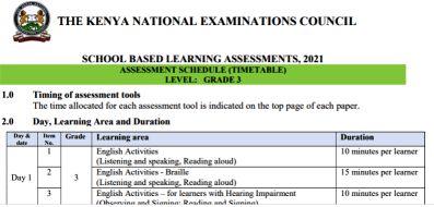 Knec 2021 grade 1-3 timetable