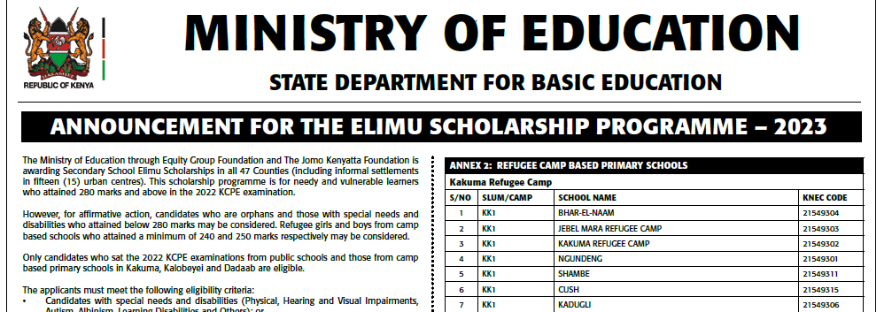 2023 Form One Elimu Scholarships by the Ministry of Education