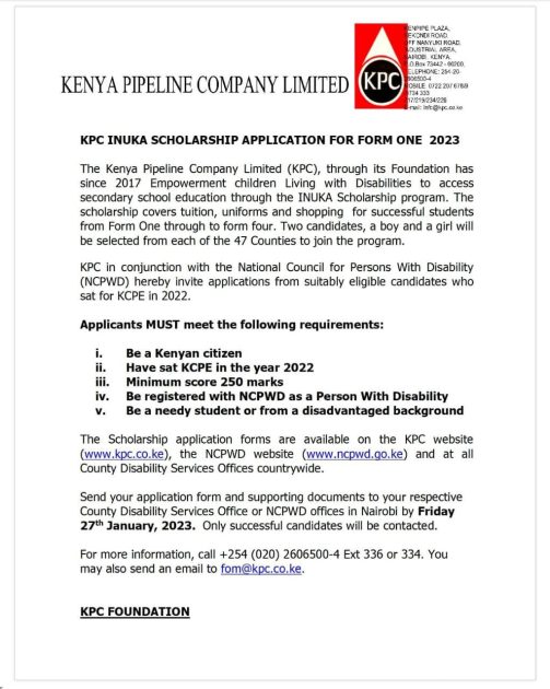 KPC Inuka Form one Scholarships 2023