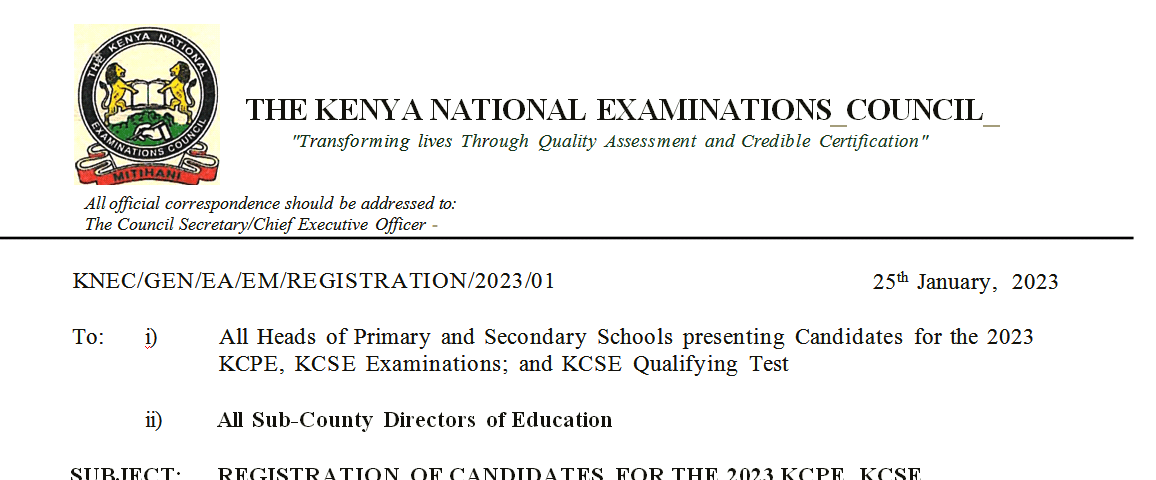 Knec Circular For Registration of 2023 KCSE & KCPE Candidates