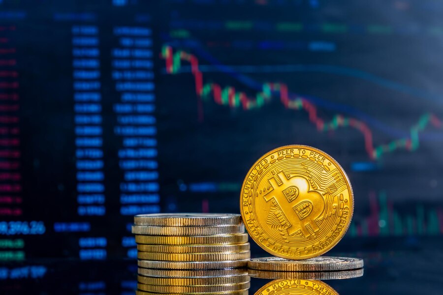 Golden bitcoins dark reflective surface histogram decreasing crypto