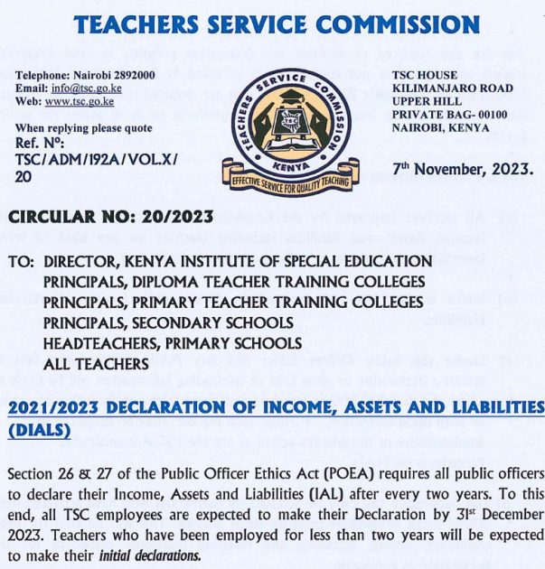 TSC Circular on wealth declaration for 2021 to 2023