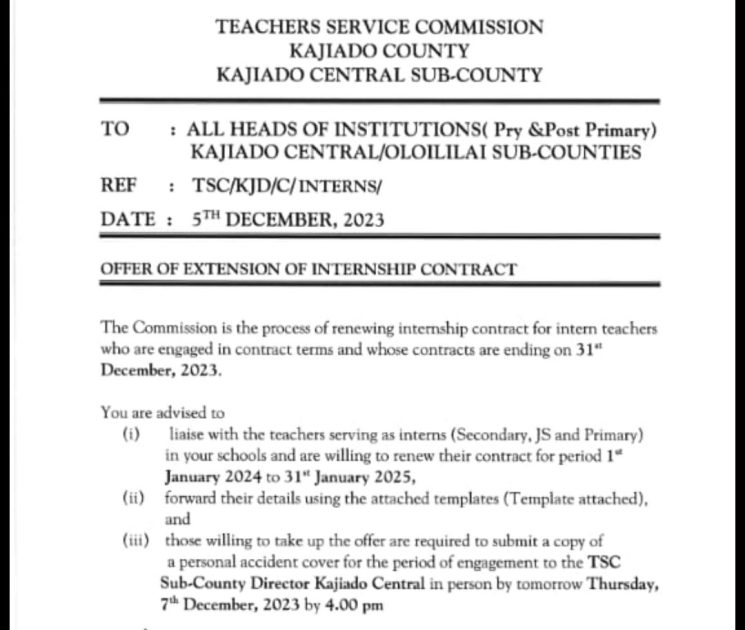 TSC asks Head Teachers to assist Intern Teachers in renewing contracts to December 2024
