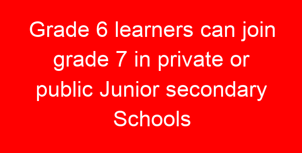 Grade 6 learners can join grade 7 in private or public Junior secondary Schools