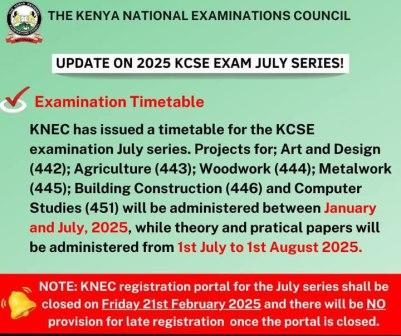 KCSE Special July Exams 2025 timetable