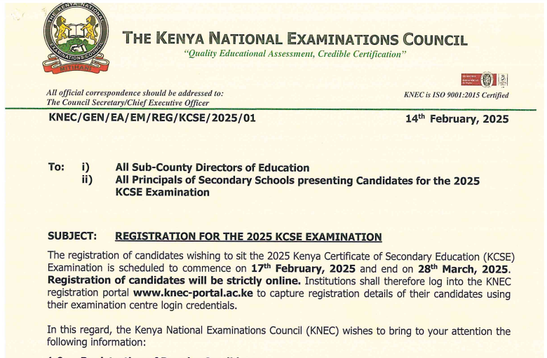 Knec circular on KCSE 2025 candidates registration