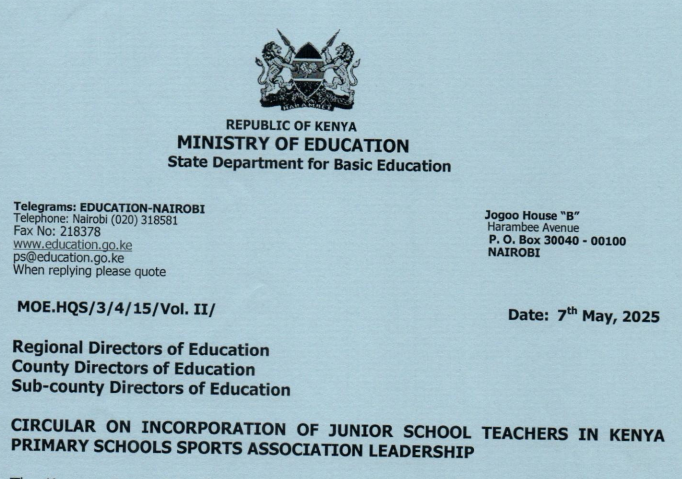Education Ministry circular calling for elections to include JSS teachers in KPSSA Games