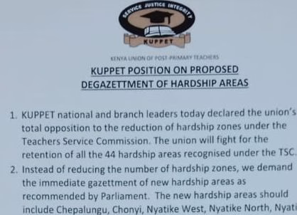 Kuppet Memo demanding for immediate gazettment of new TSC hardship areas; as recommended by Parliament.