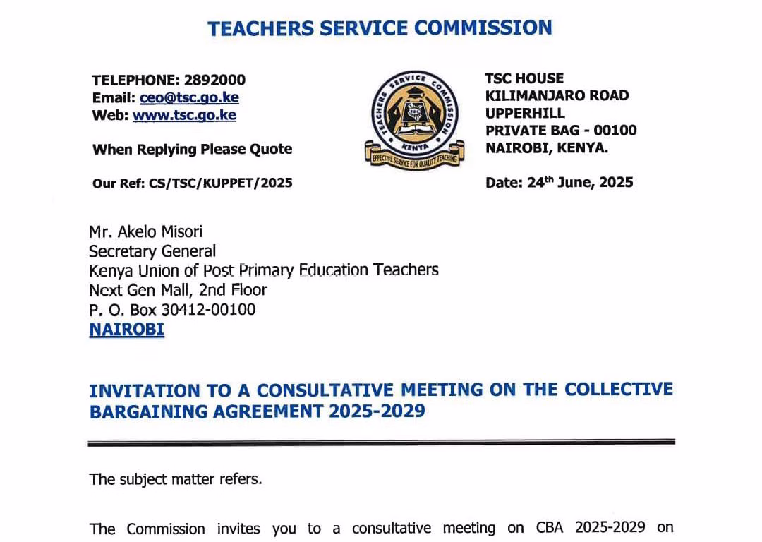 TSC invite to teachers' unions for 2025-2029 CBA talks.