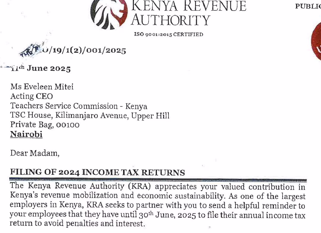KRA Memo to TSC on filing of Teachers' Tax Returns.