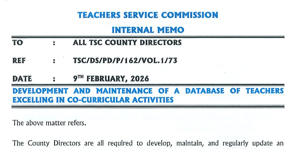 TSC Circular on Collection of data on Teachers excelling in extracurricular activities